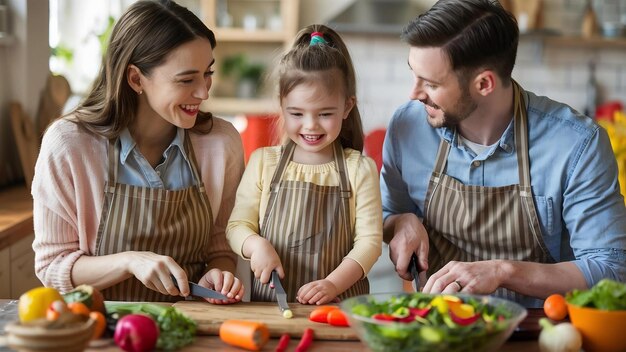 Cute little girl and her beautiful parents are cutting vegetables and smiling while making salad in