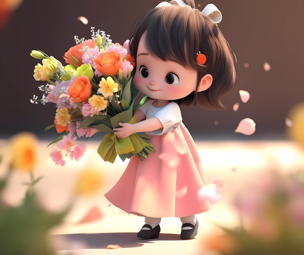 사진 어머니의 날 국제 여성의 날에 꽃을 들고 있는 귀여운 어린 소녀