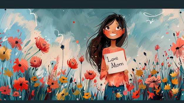 Cute little girl holding a postcard with the inscription love mom in the field of poppies