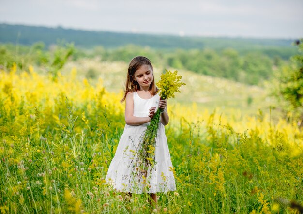 Милая маленькая девочка держит букет полевых цветов