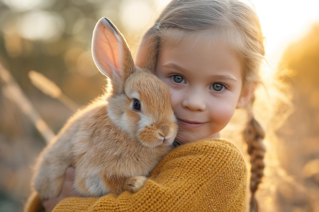 귀여운 작은 소녀는 팔에 털털한 토끼를 들고 포옹합니다 야외 가축 부활절 토끼