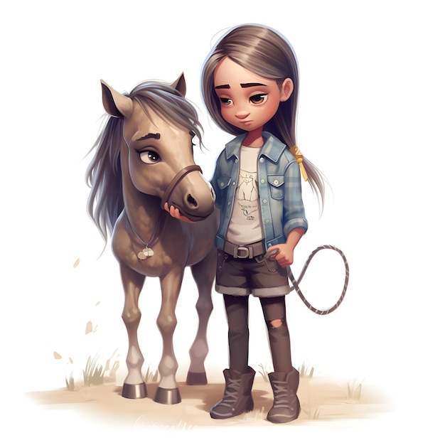 Photo cute little girl and horse on a white background digital illustration