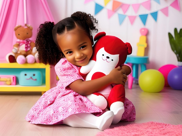 cute little girl hugging doll and smiling Generative AI