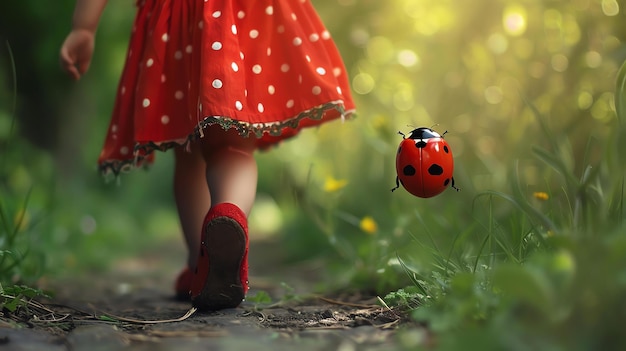Фото Милая девочка в красном платье гуляет в лесу она босонога и рядом с ней летает лебедь