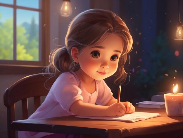 A cute little girl is sitting and drawing