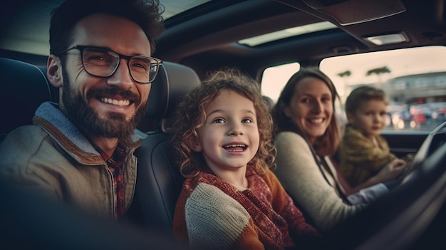 Cute little girl is smiling while sitting in the car with her parentsgenerative ai