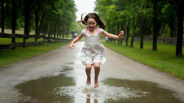 Photo cute little girl jumping into puddle in a rainy weather