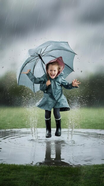 雨の日に池に飛び込む可愛い小さな女の子