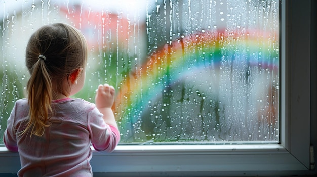 Cute little girl looking out the window with rain drops and rainbow in the background
