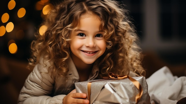 Cute little girl for the New Year holidays with Christmas lamps