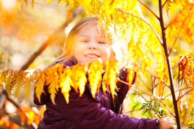 Cute Little girl in the park  hiding behind the yellow leaves