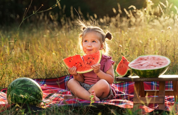 Cute little girl at a picnic in nature