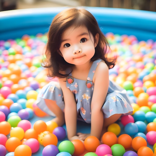 Photo cute little girl playing on multi coloured plastic balls in big dry paddling pool