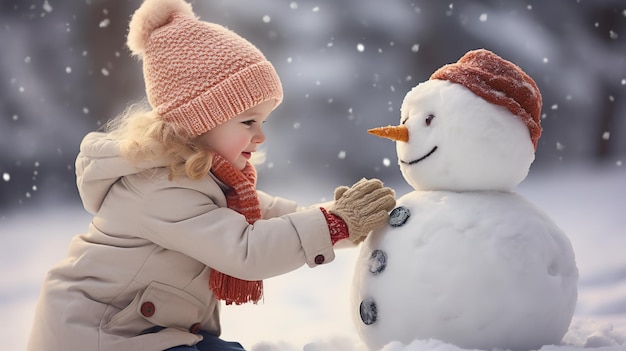 cute little girl playing with a snowman