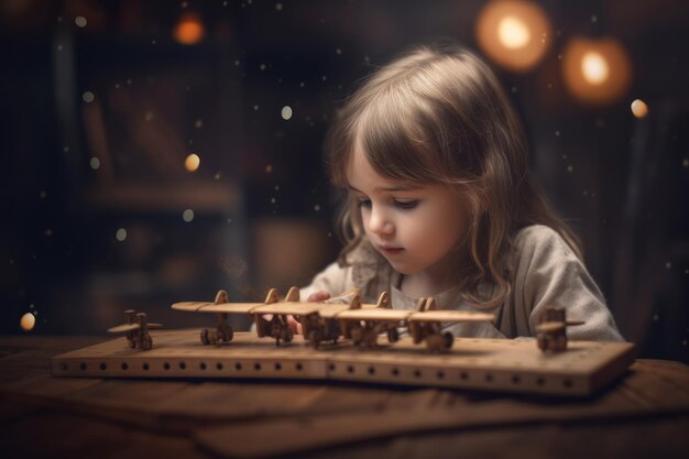 Cute little girl playing with wooden toy train Fairy tale concept Generative AI