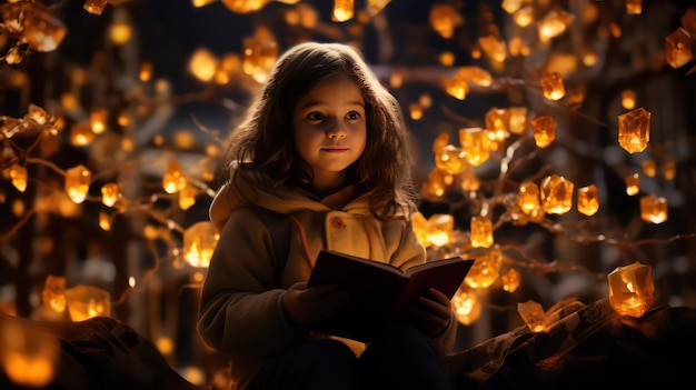 Cute little girl reading a book in the light of lanterns