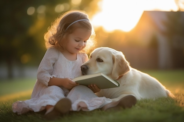 Милая маленькая девочка читает книгу со своей собакой на закате