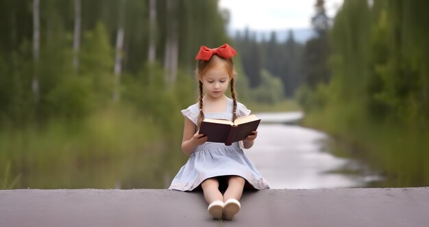 Cute little girl reading holy bible book at countryside