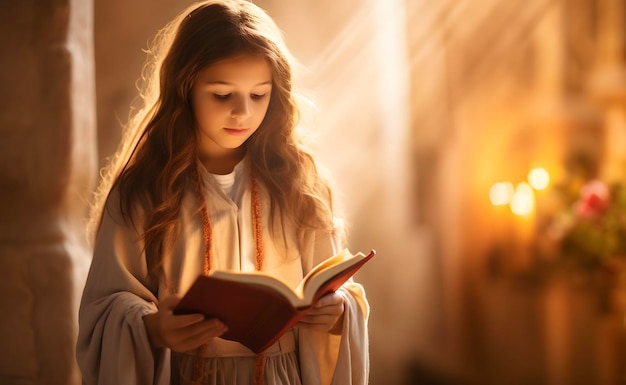 Cute little girl reading holy bible book Worship at church