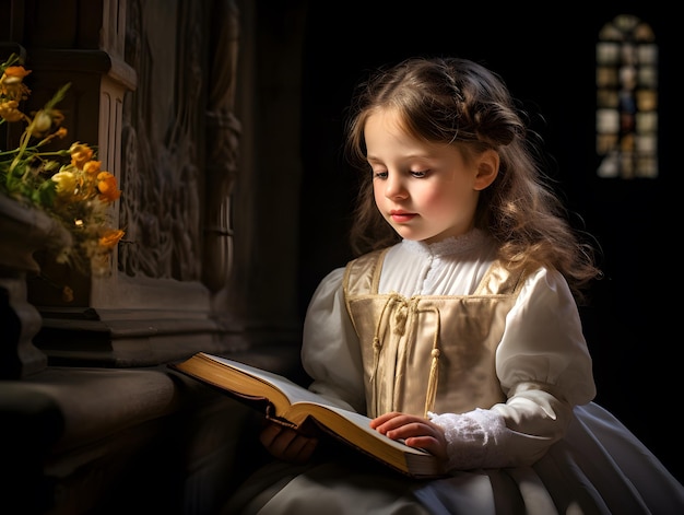 Cute little girl reading holy bible book Worship at church