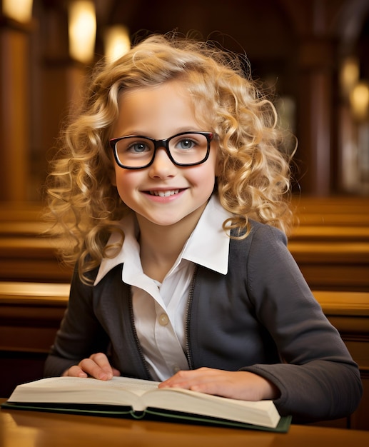 Cute little girl reading holy bible book Worship at church