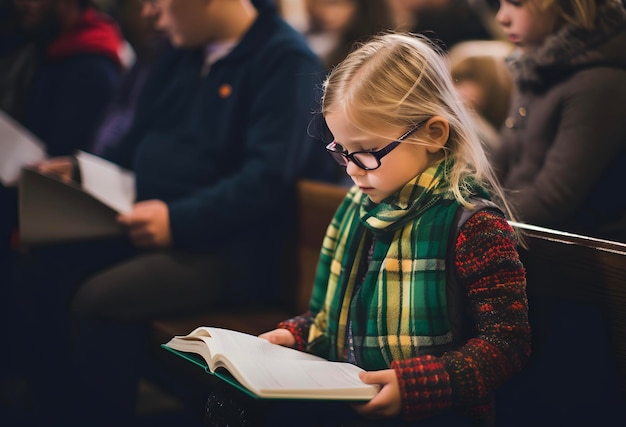 Cute little girl reading holy bible book Worship at church