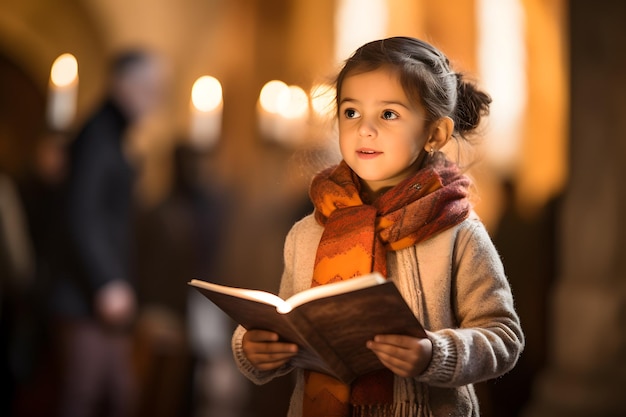 かわいい女の子が聖書の本を読んで教会で礼拝