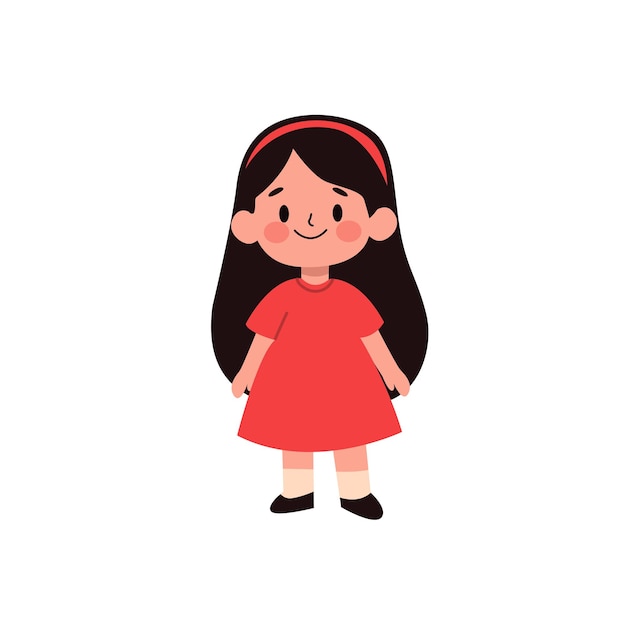 Cute little girl in red dress Vector illustration isolated on white background