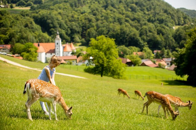 Cute little girl among reindeer herd on the sunny day