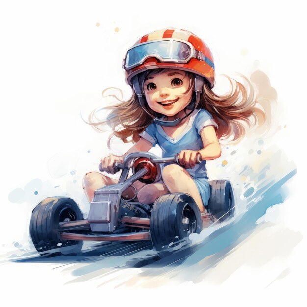 Cute little girl riding a kart Digital watercolor painting