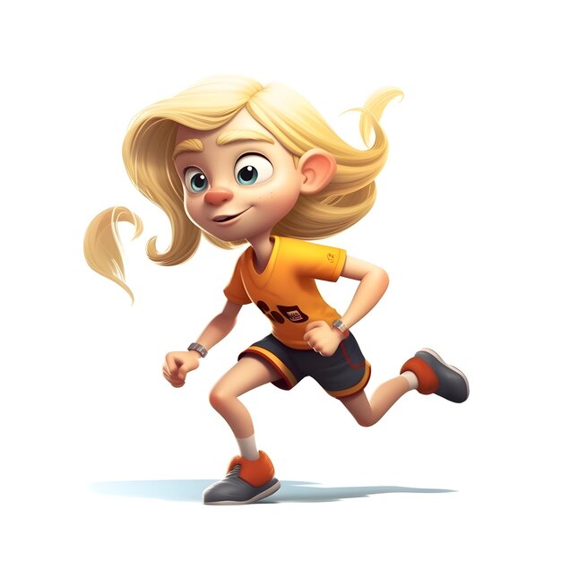 白い背景の上を走っているかわいい女の子の漫画のキャラクター