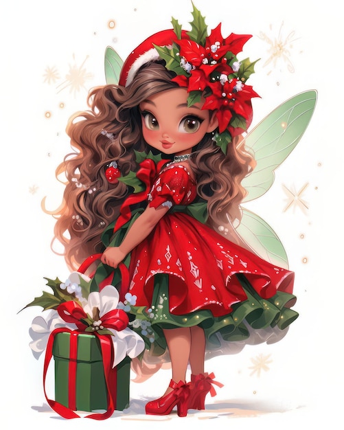 クリスマスツリーの近くに座っているサンタクロースの服を着た可愛い小さな女の子
