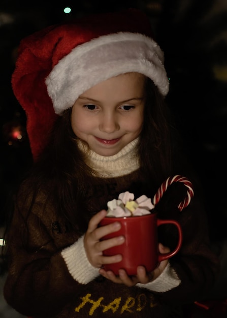 A cute little girl in a santa hat with a mug of cocoa.