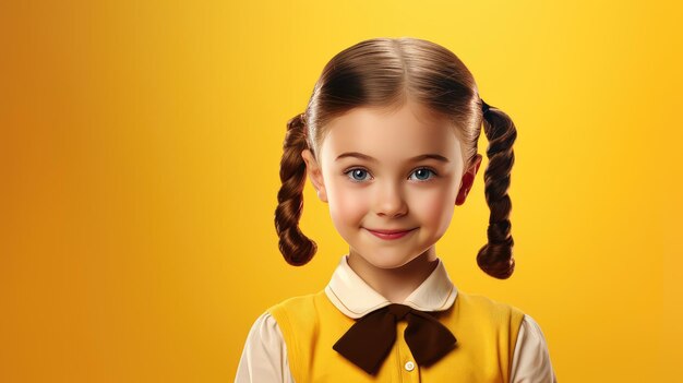 cute little girl in school uniform with yellow background Back to School Concept