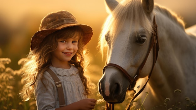 A cute little girl shares a tender moment with her beloved horse on a picturesque meadow at sunset