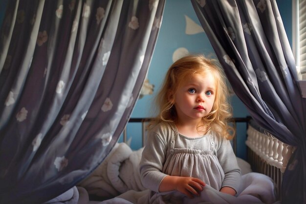 Cute little girl sitting in bed