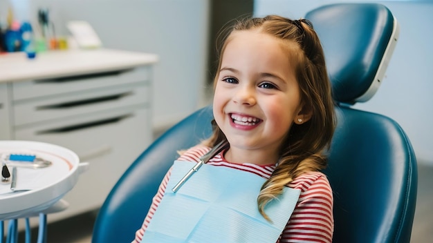 Cute little girl sitting in the dentists office