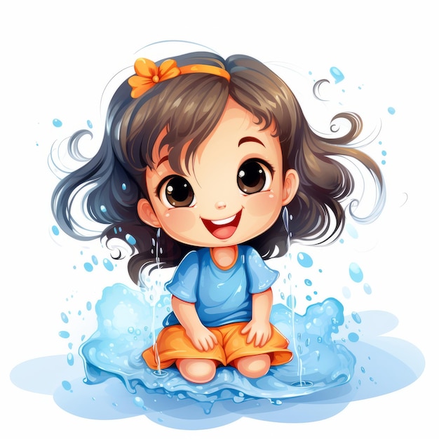 cute little girl sitting on the ground with water splashing around her