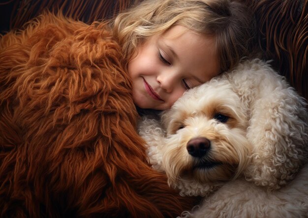 Foto piccola ragazza carina che dorme con il suo cane su una morbida coperta