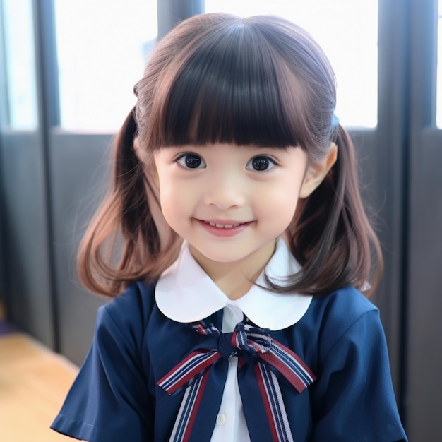 Photo cute little girl smiling in blue school uniform