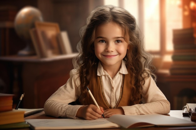 Cute little girl smiling writing at the desk in the style of youthful protagonists