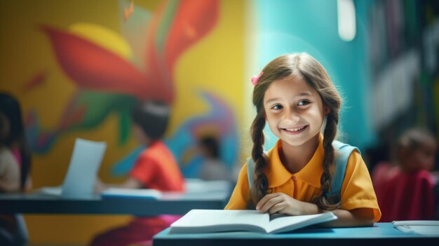 Cute little girl smiling writing at the desk in the style of youthful protagonists