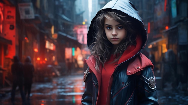 A cute little girl standing in a cyberpunk style