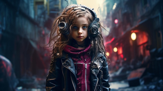 A cute little girl standing in a cyberpunk style