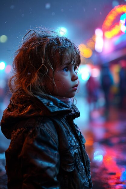 Cute little girl on the street at night in the rain