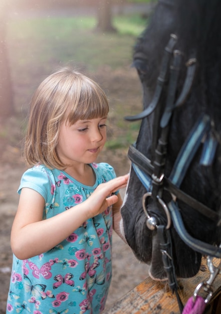 Cute little girl stroking head of a black horse