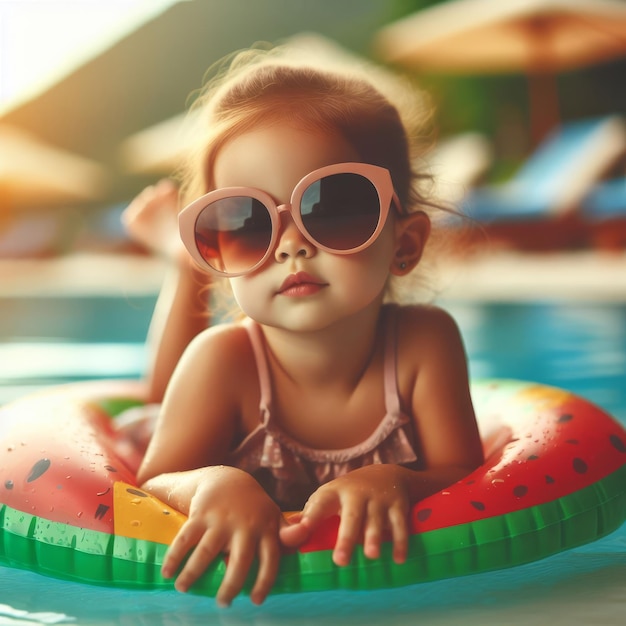 Cute little girl in sunglasses and swim ring at swimming pool on summer vacation