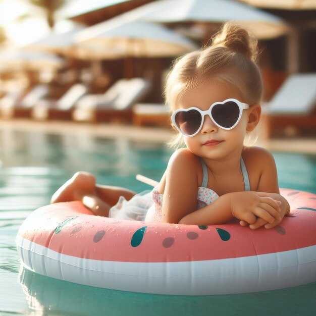 Cute little girl in sunglasses and swim ring at swimming pool on summer vacation