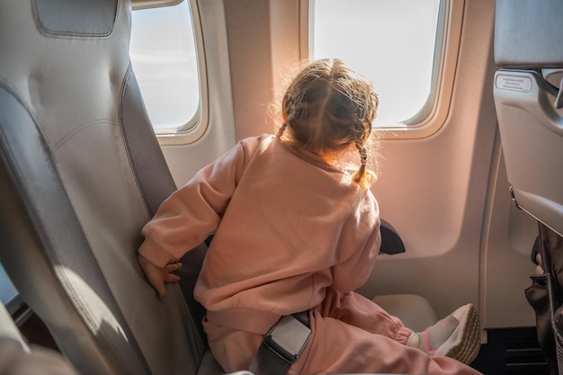 Cute little girl traveling by an airplane child sitting by aircraft window and looking outside trave