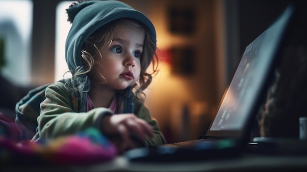 Photo cute little girl using a laptop computer generative ai